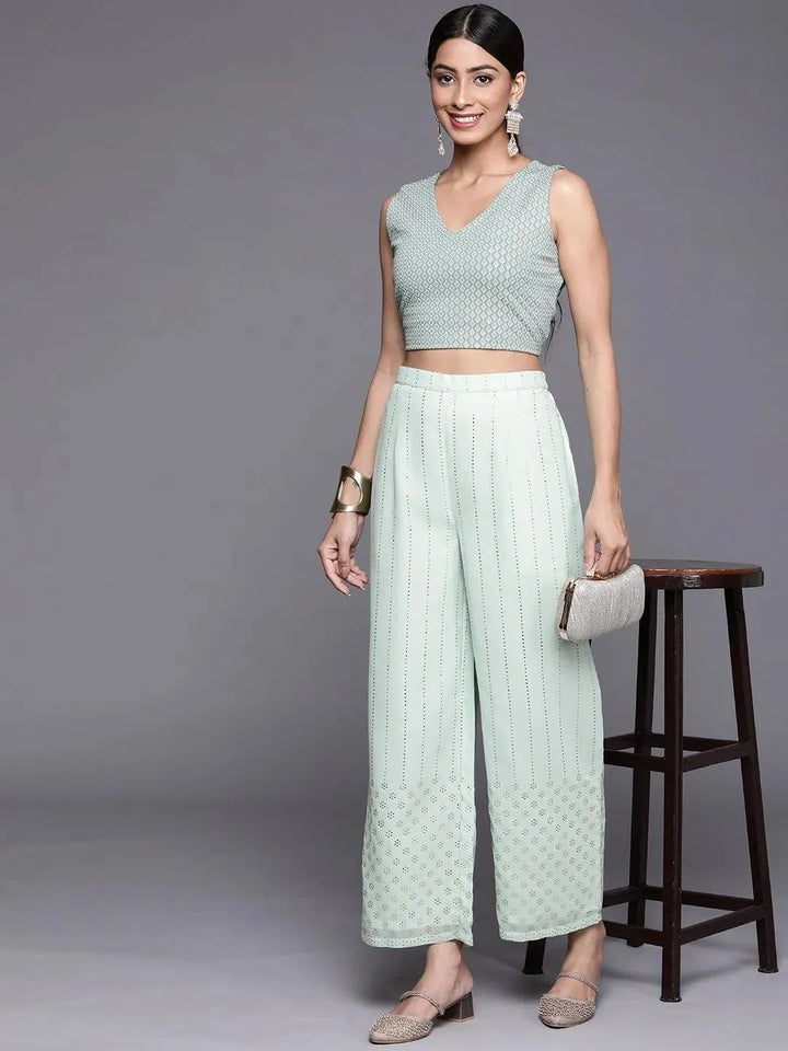 Sea Green Embellished Georgette Palazzos - Libas