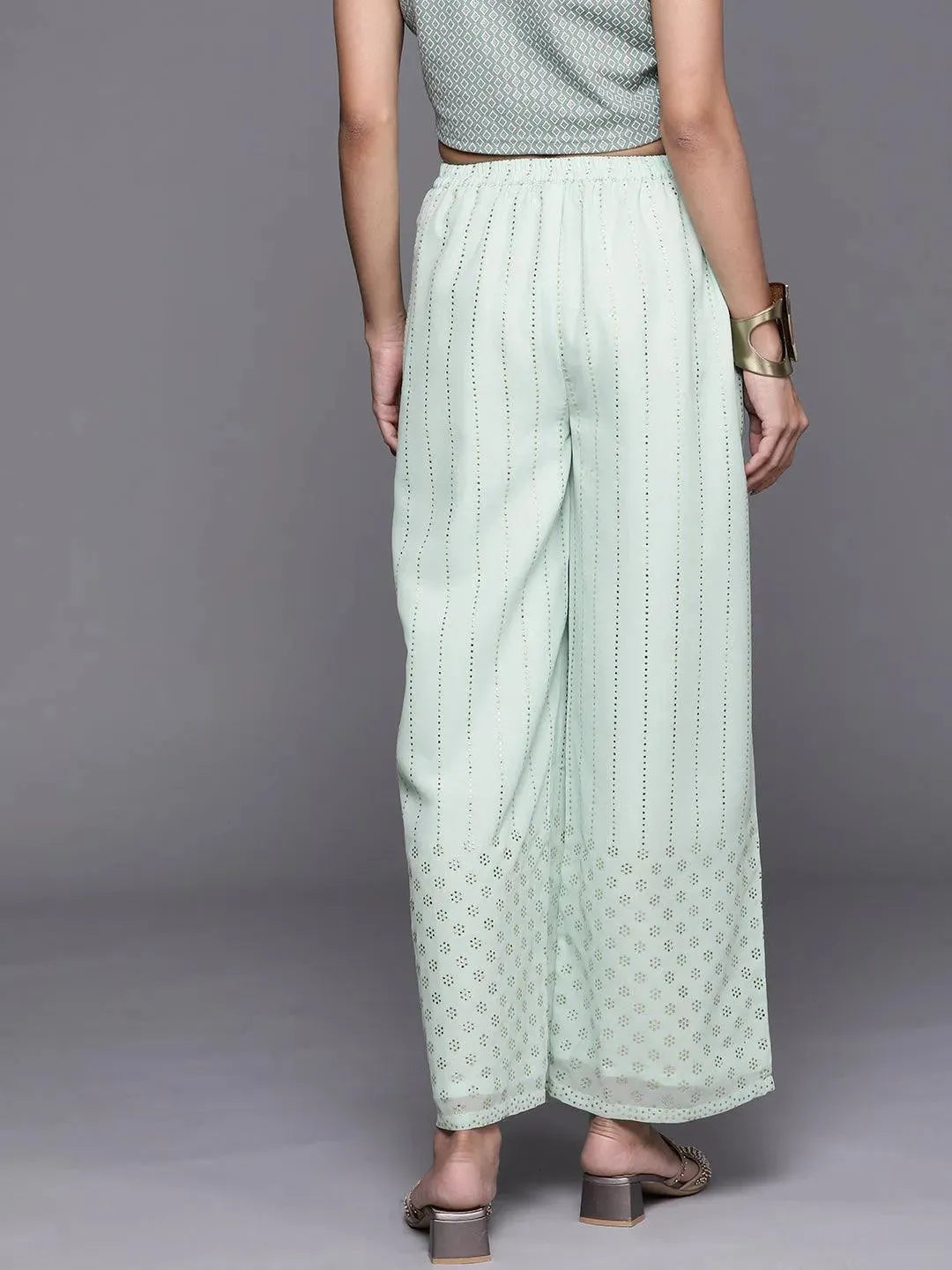 Sea Green Embellished Georgette Palazzos - Libas 
