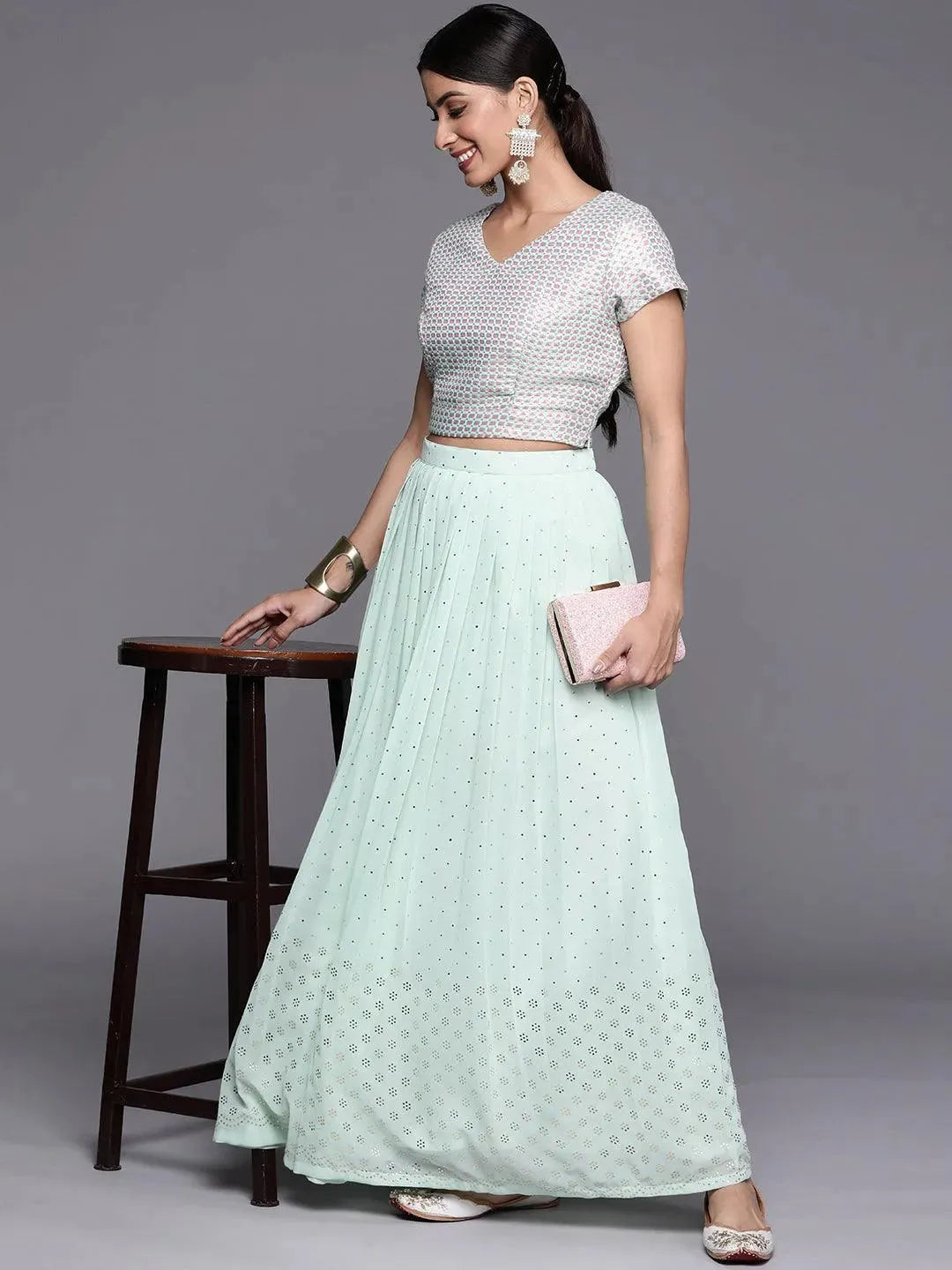 Sea Green Embellished Georgette Skirt - Libas