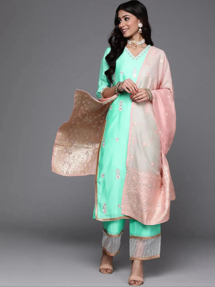 Sea Green Embroidered Chanderi Silk Suit Set - Libas