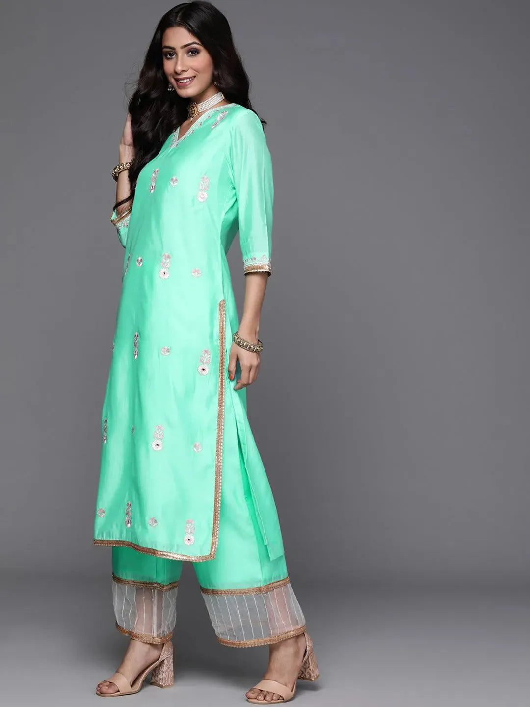 Sea Green Embroidered Chanderi Silk Suit Set - Libas