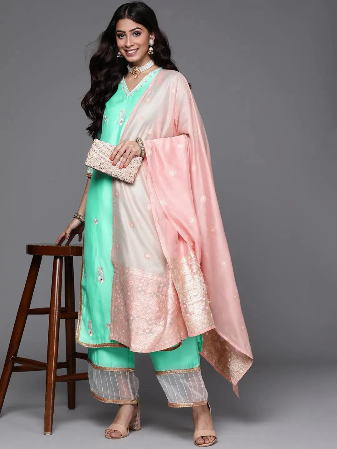 Sea Green Embroidered Chanderi Silk Suit Set - Libas 