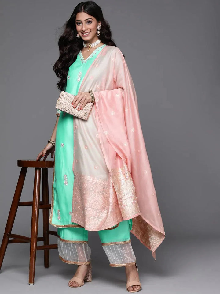 Sea Green Embroidered Chanderi Silk Suit Set - Libas