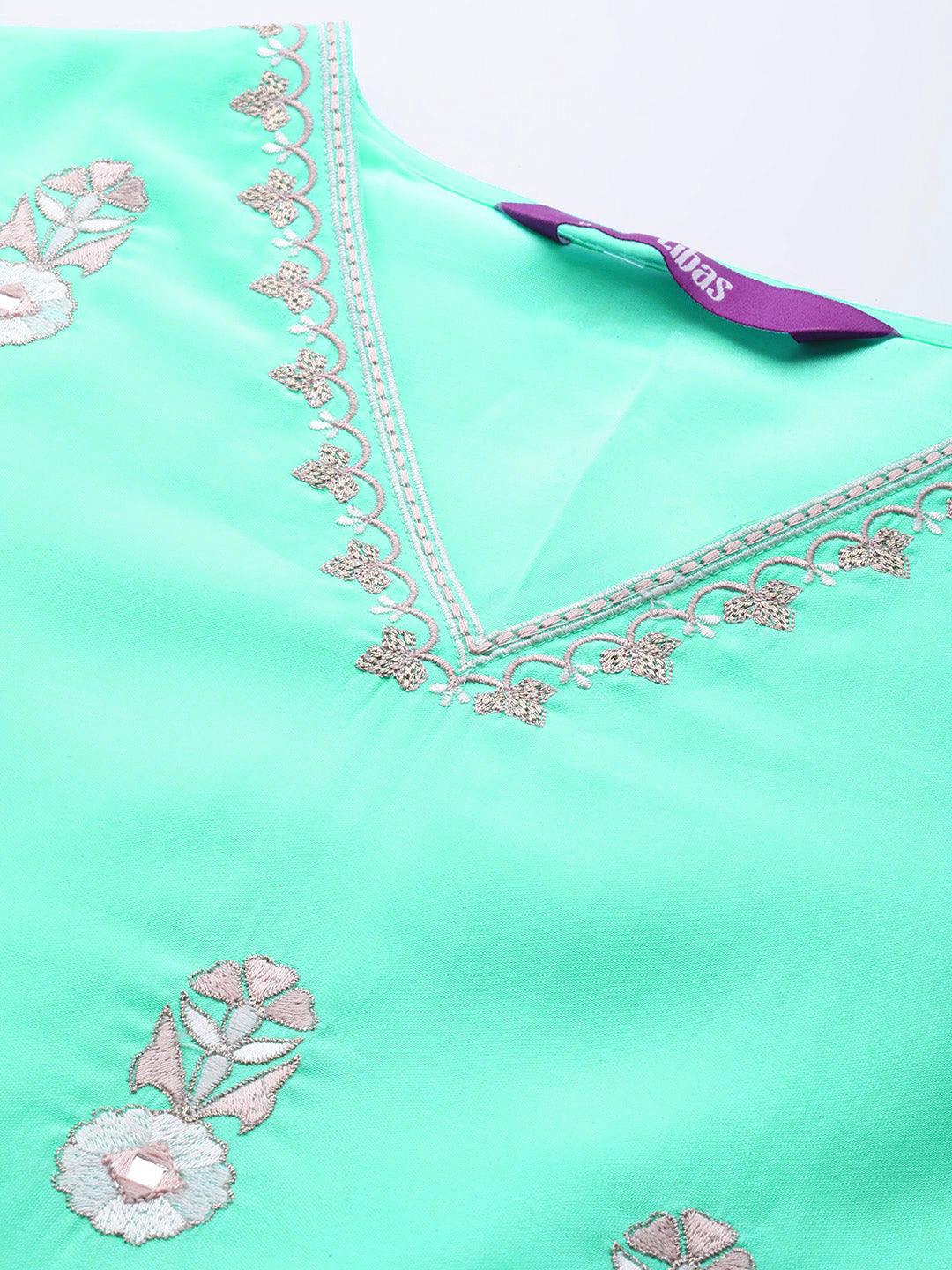 Sea Green Embroidered Chanderi Silk Straight Kurta With Palazzos & Dupatta