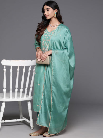 Sea Green Embroidered Chanderi Silk Straight Kurta With Trousers & Dupatta - Libas