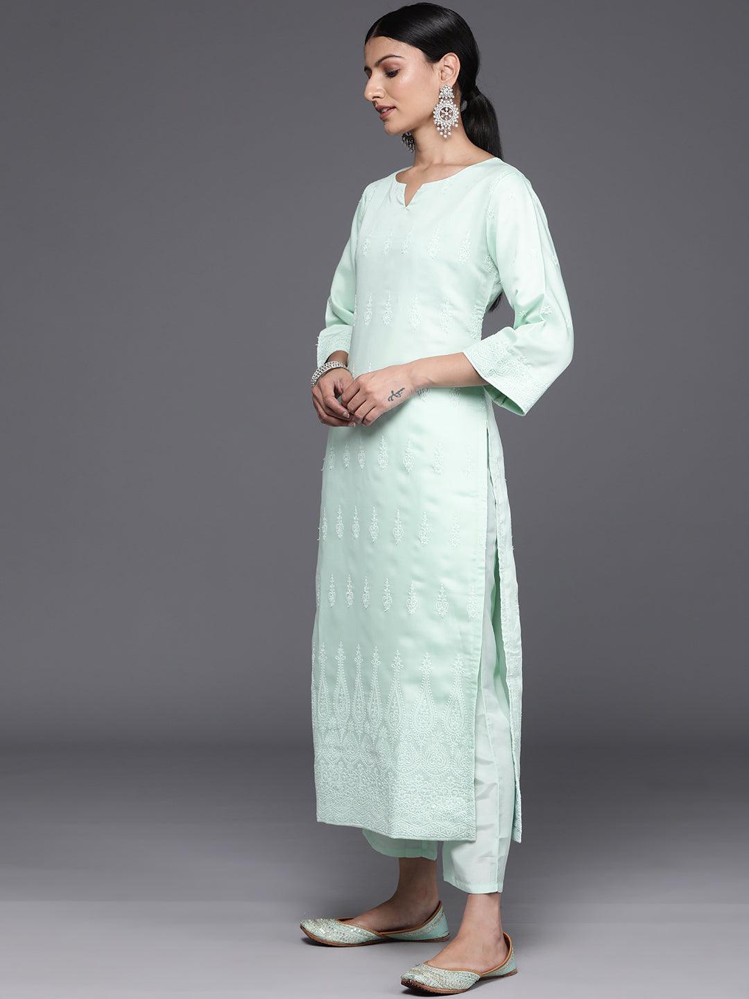 Sea Green Embroidered Chanderi Silk Straight Kurta With Trousers & Dupatta