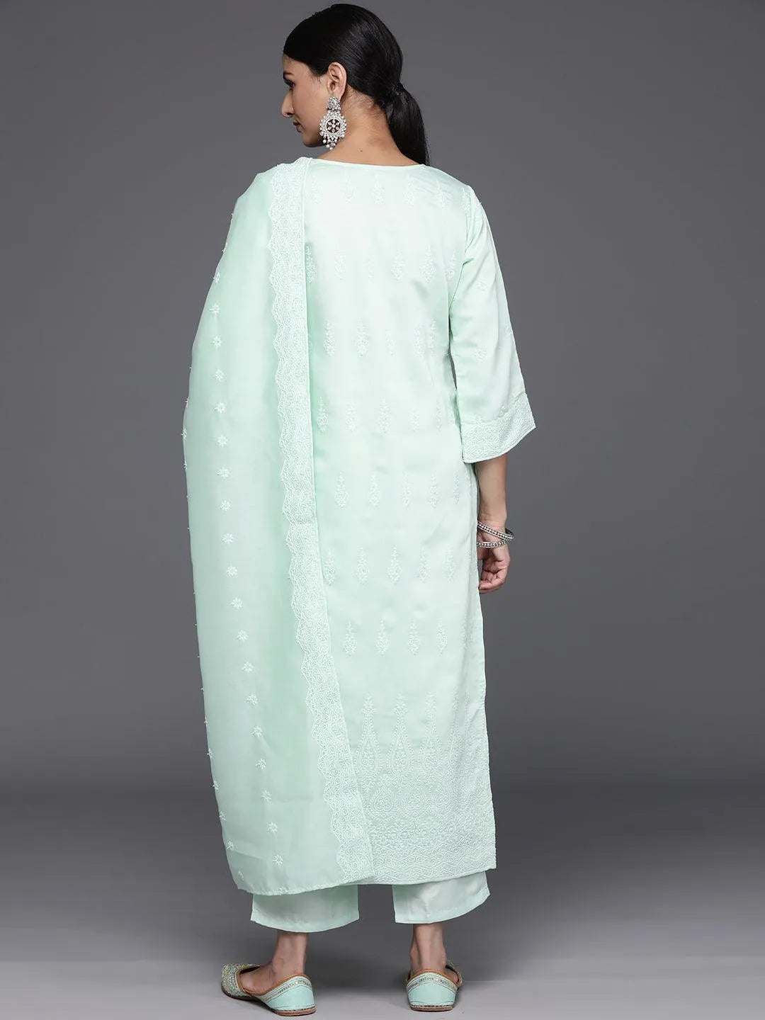 Sea Green Embroidered Chanderi Silk Straight Kurta With Trousers & Dupatta - Libas 