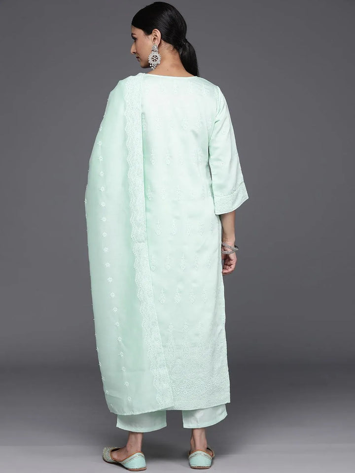 Sea Green Embroidered Chanderi Silk Straight Kurta With Trousers & Dupatta - Libas