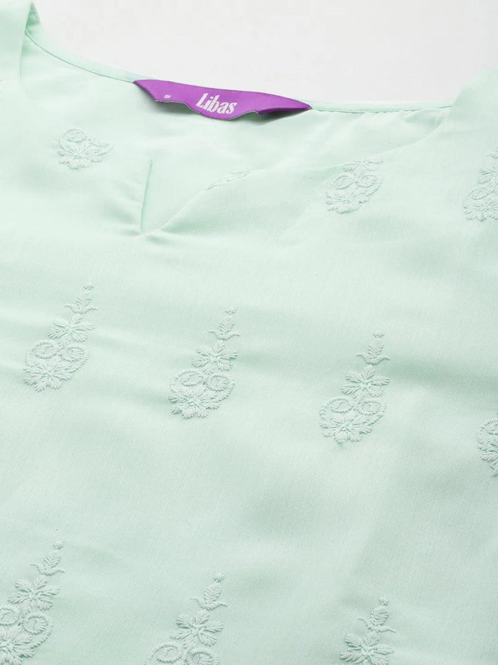 Sea Green Embroidered Chanderi Silk Straight Kurta With Trousers & Dupatta - Libas