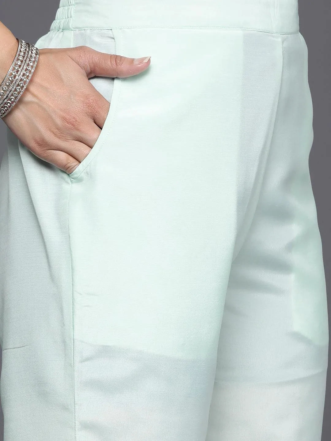 Sea Green Embroidered Chanderi Silk Straight Kurta With Trousers & Dupatta - Libas 