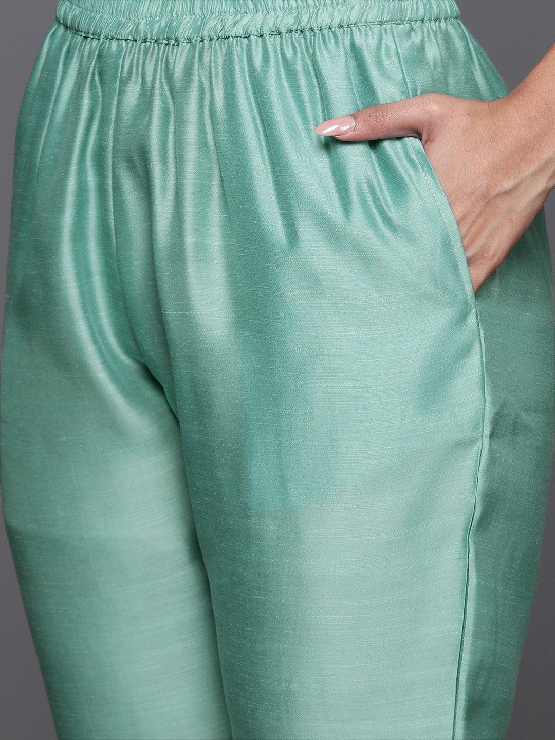 Sea Green Embroidered Chanderi Silk Straight Kurta With Trousers & Dupatta - Libas