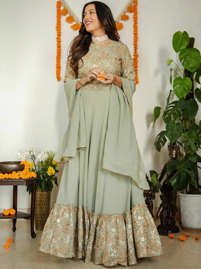 Sea Green Embroidered Georgette Lehenga Choli - Libas