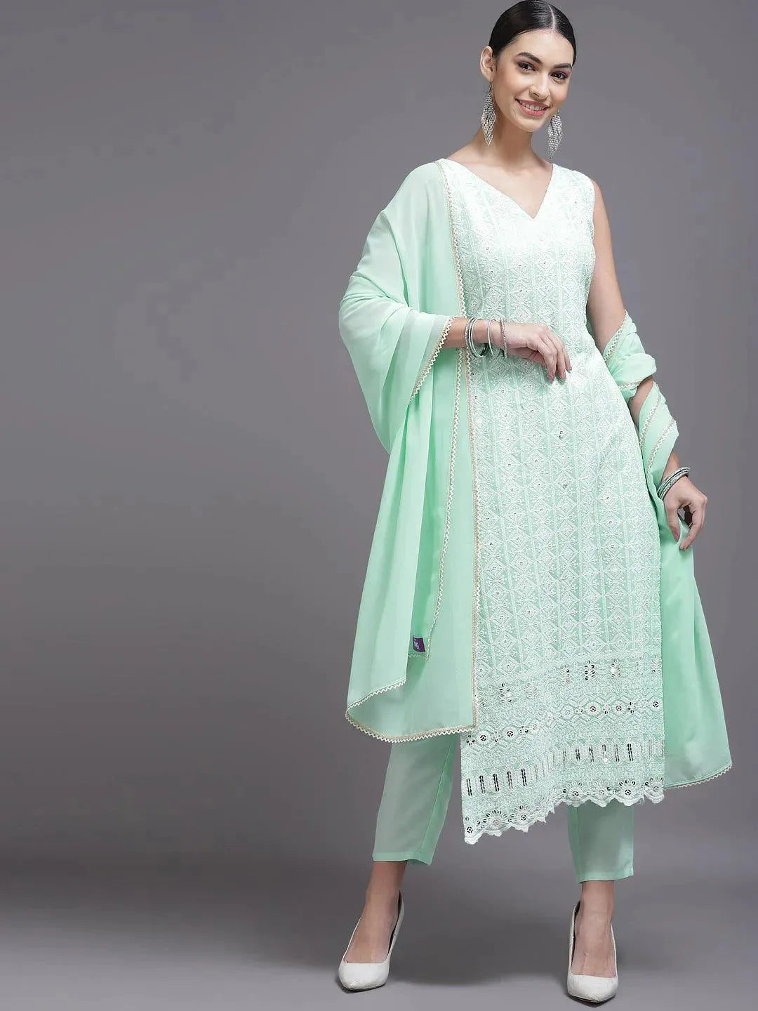 Sea Green Embroidered Georgette Suit Set - Libas