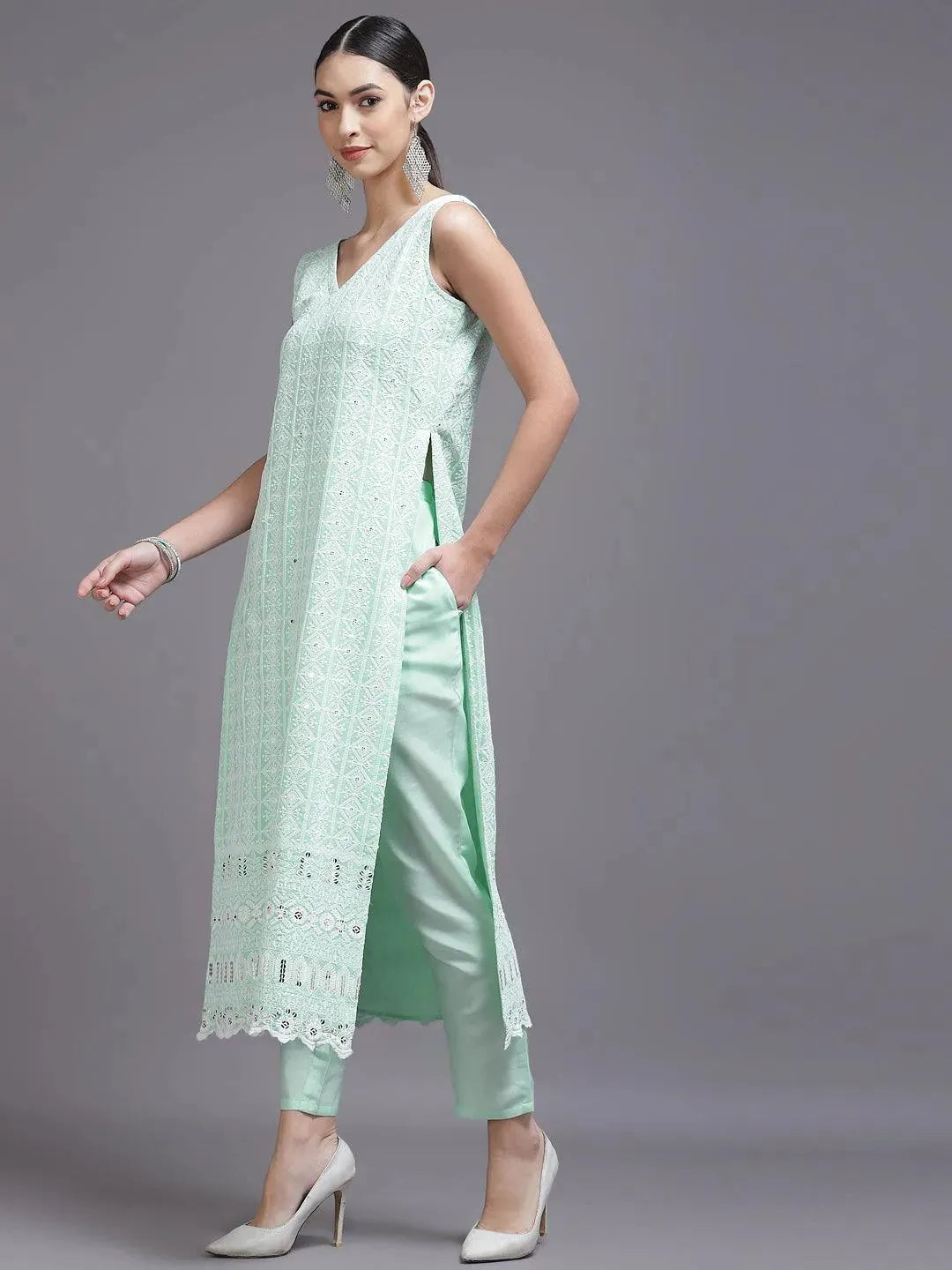 Sea Green Embroidered Georgette Suit Set - Libas