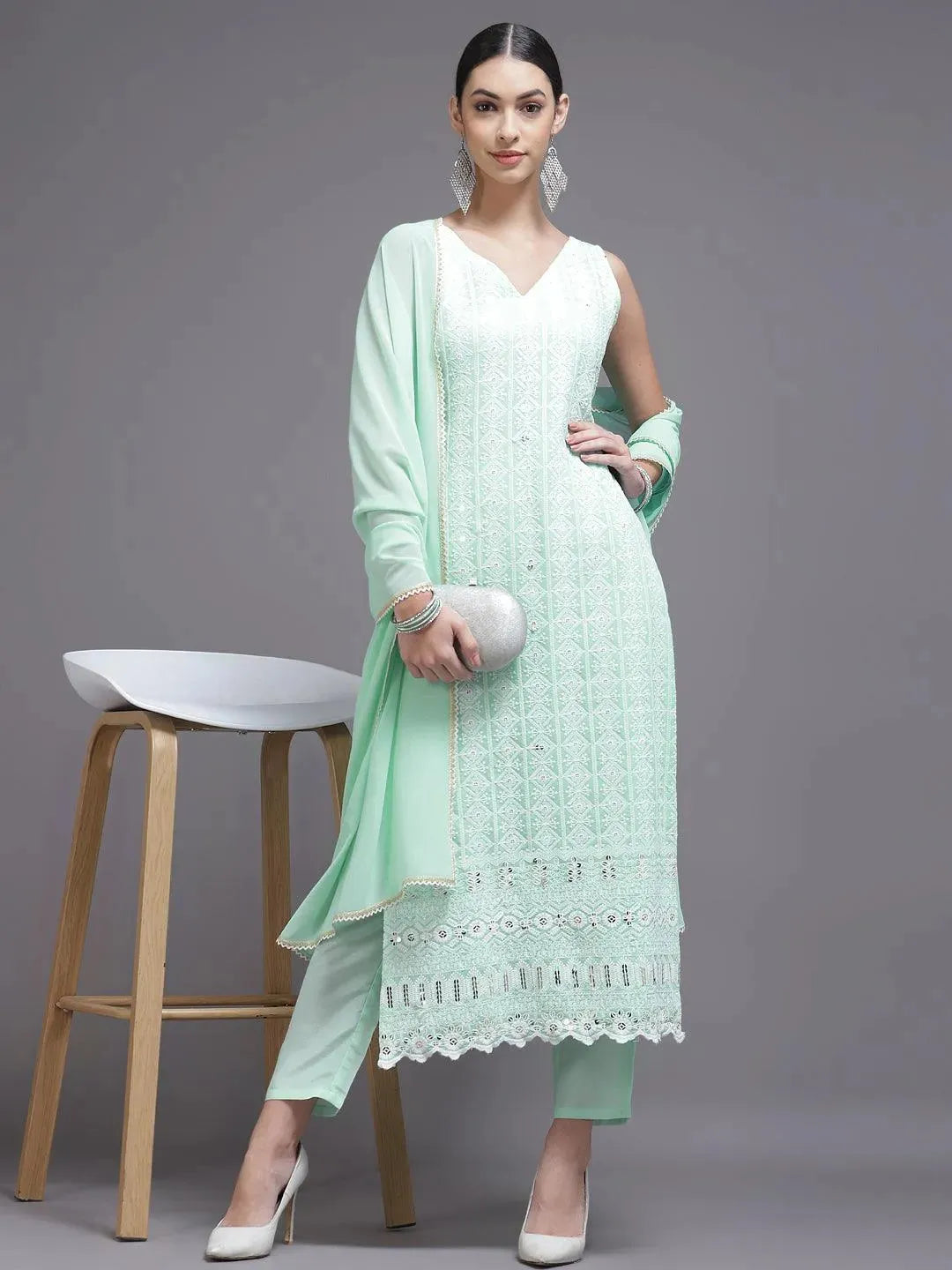 Sea Green Embroidered Georgette Suit Set - Libas