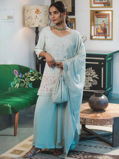 Sea Green Embroidered Georgette Kurta Set - Libas