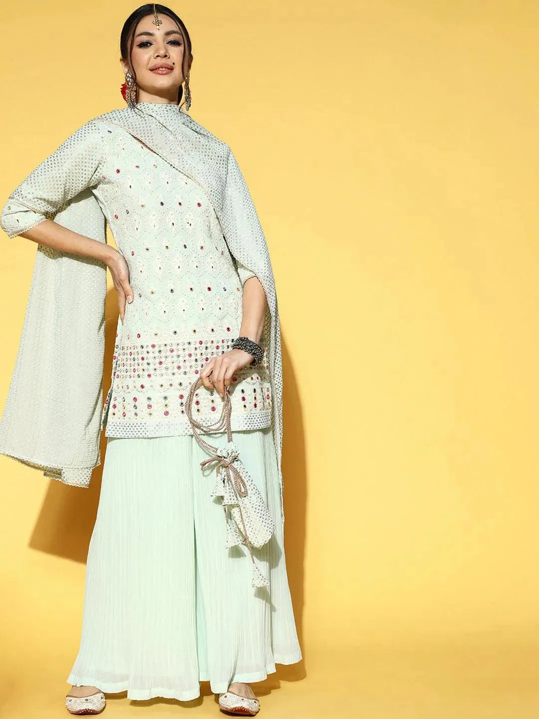 Sea Green Embroidered Georgette Kurta Set - Libas