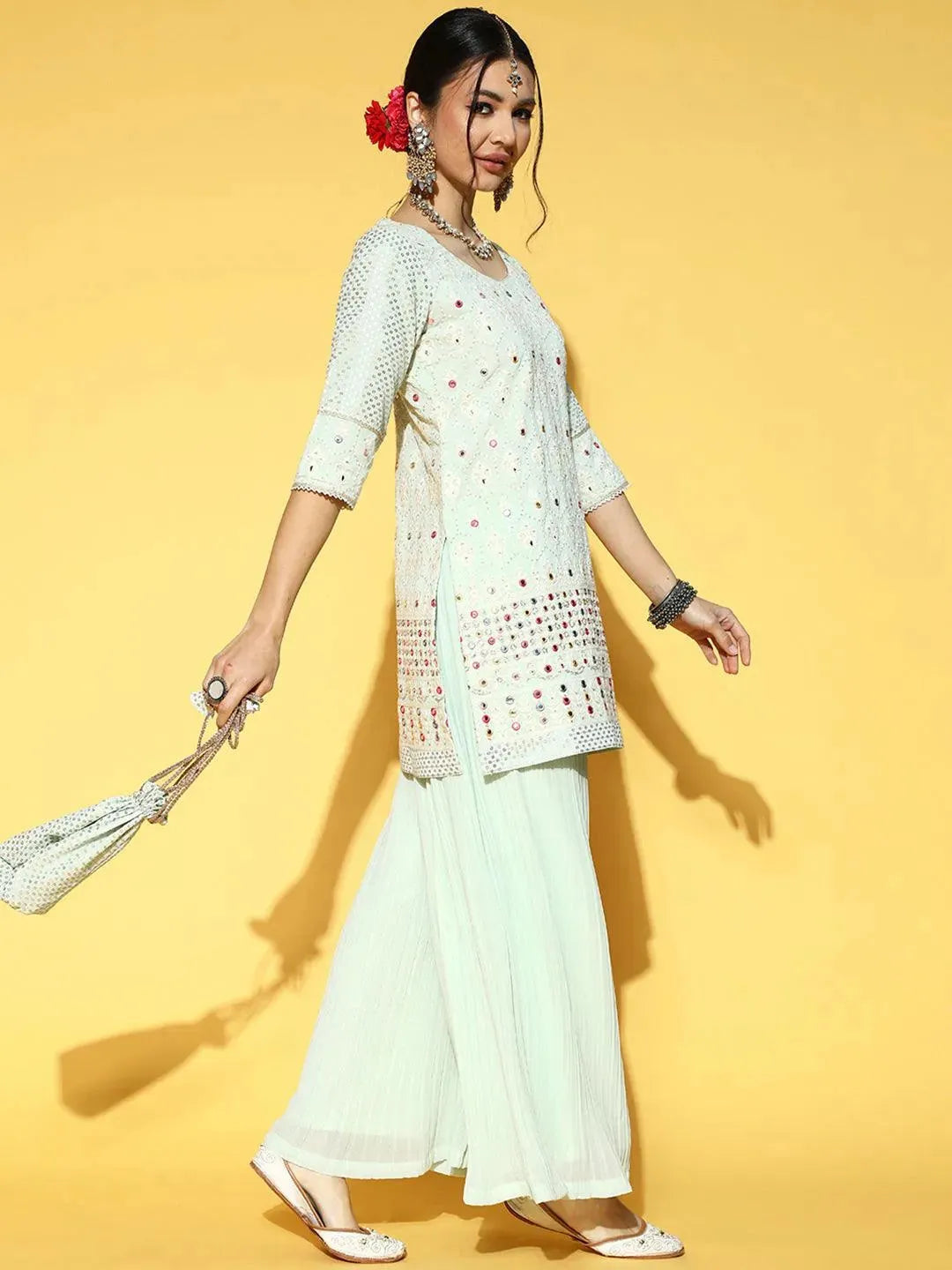 Sea Green Embroidered Georgette Kurta Set - Libas