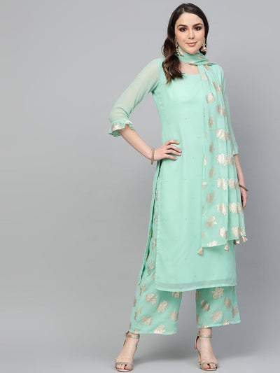 Sea Green Embroidered Georgette Suit Set - Libas
