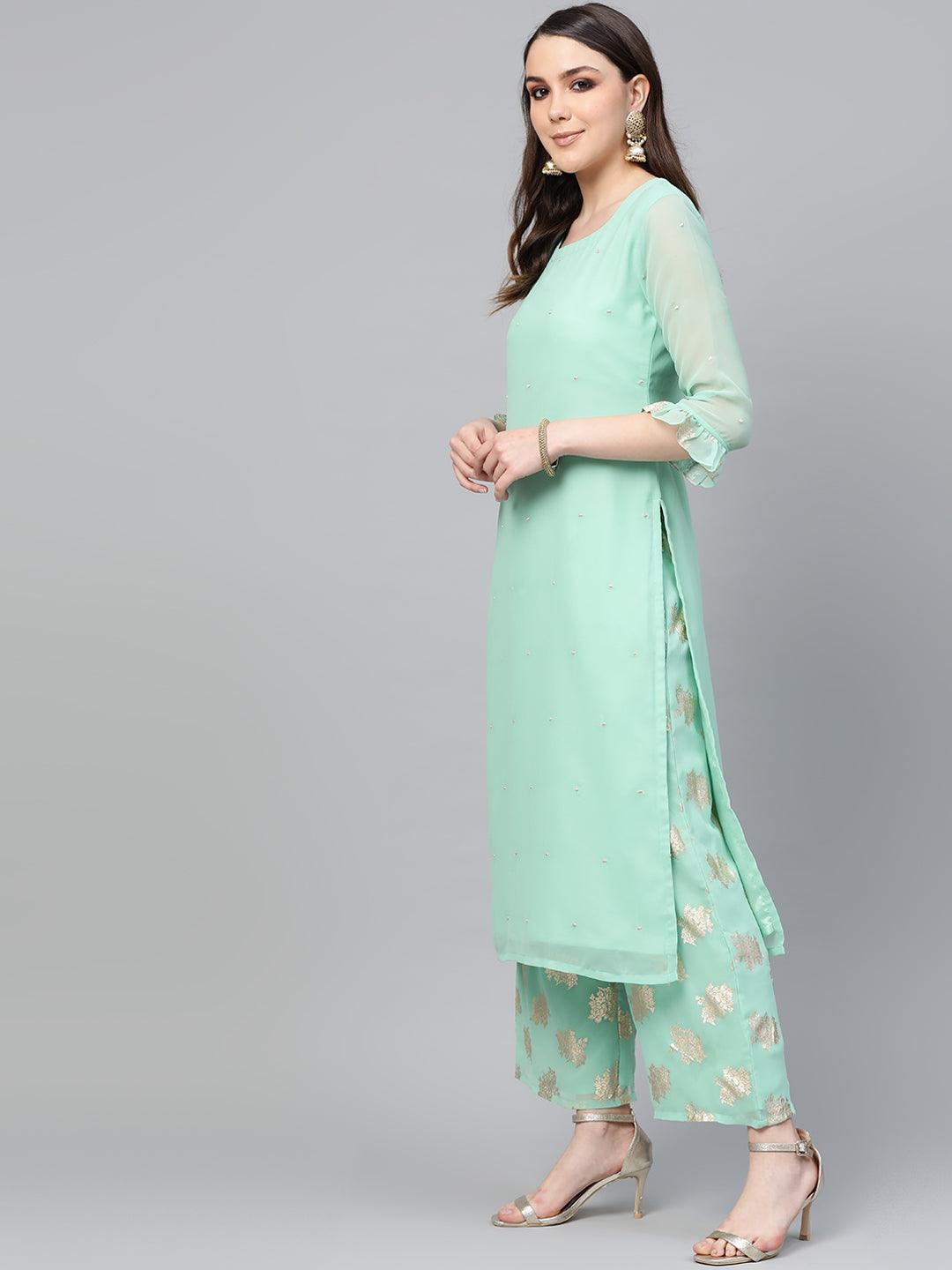 Sea Green Embroidered Georgette Suit Set - Libas