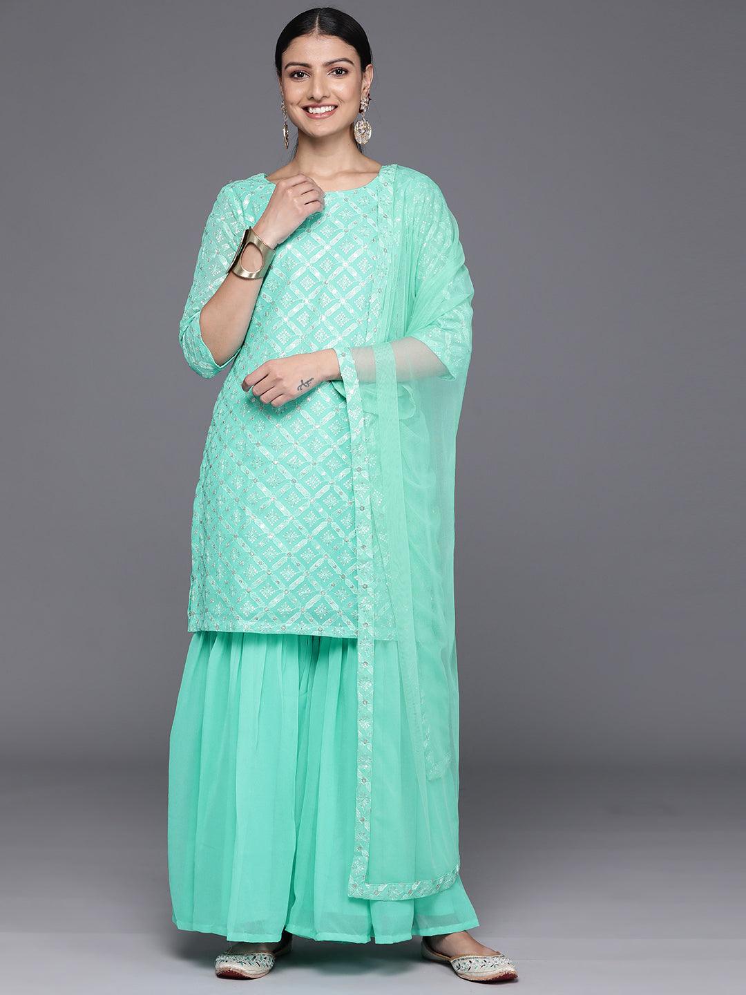 Sea Green Embroidered Georgette Straight Sharara Suit Set With Dupatta