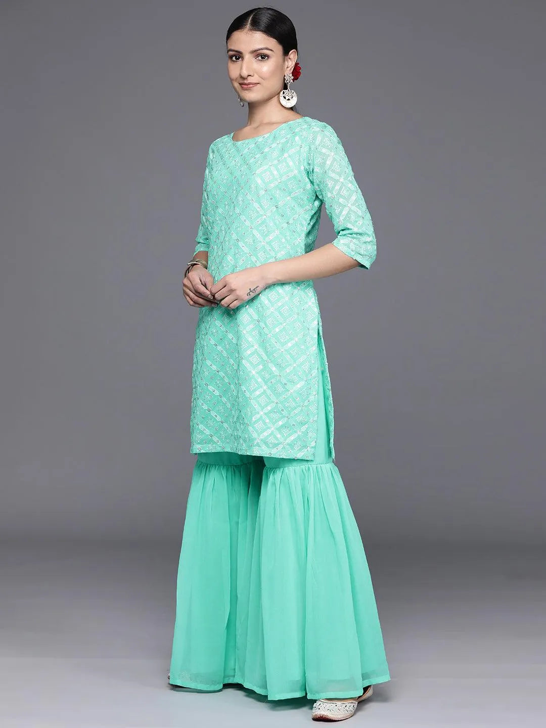 Sea Green Embroidered Georgette Straight Kurta With Sharara & Dupatta - Libas