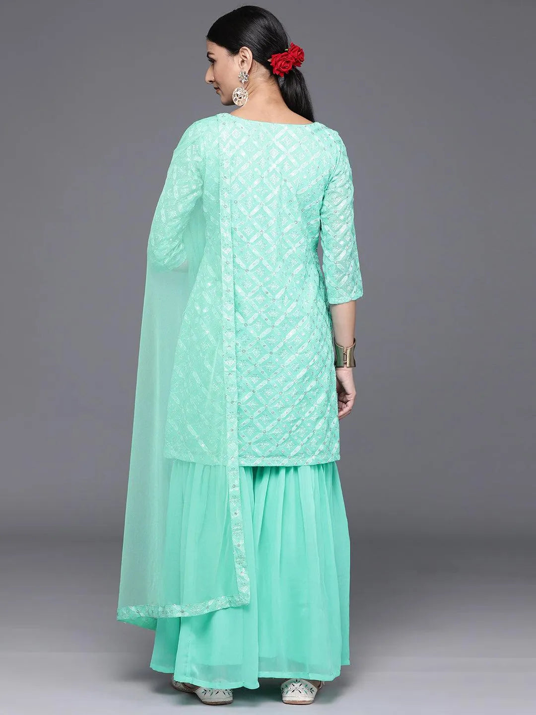 Sea Green Embroidered Georgette Straight Kurta With Sharara & Dupatta - Libas