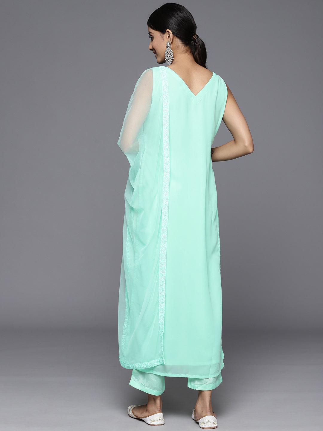 Sea Green Embroidered Georgette Straight Kurta With Trousers & Dupatta - Libas