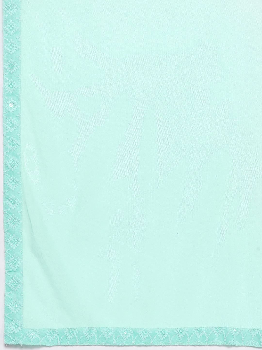 Sea Green Embroidered Georgette Straight Kurta With Trousers & Dupatta