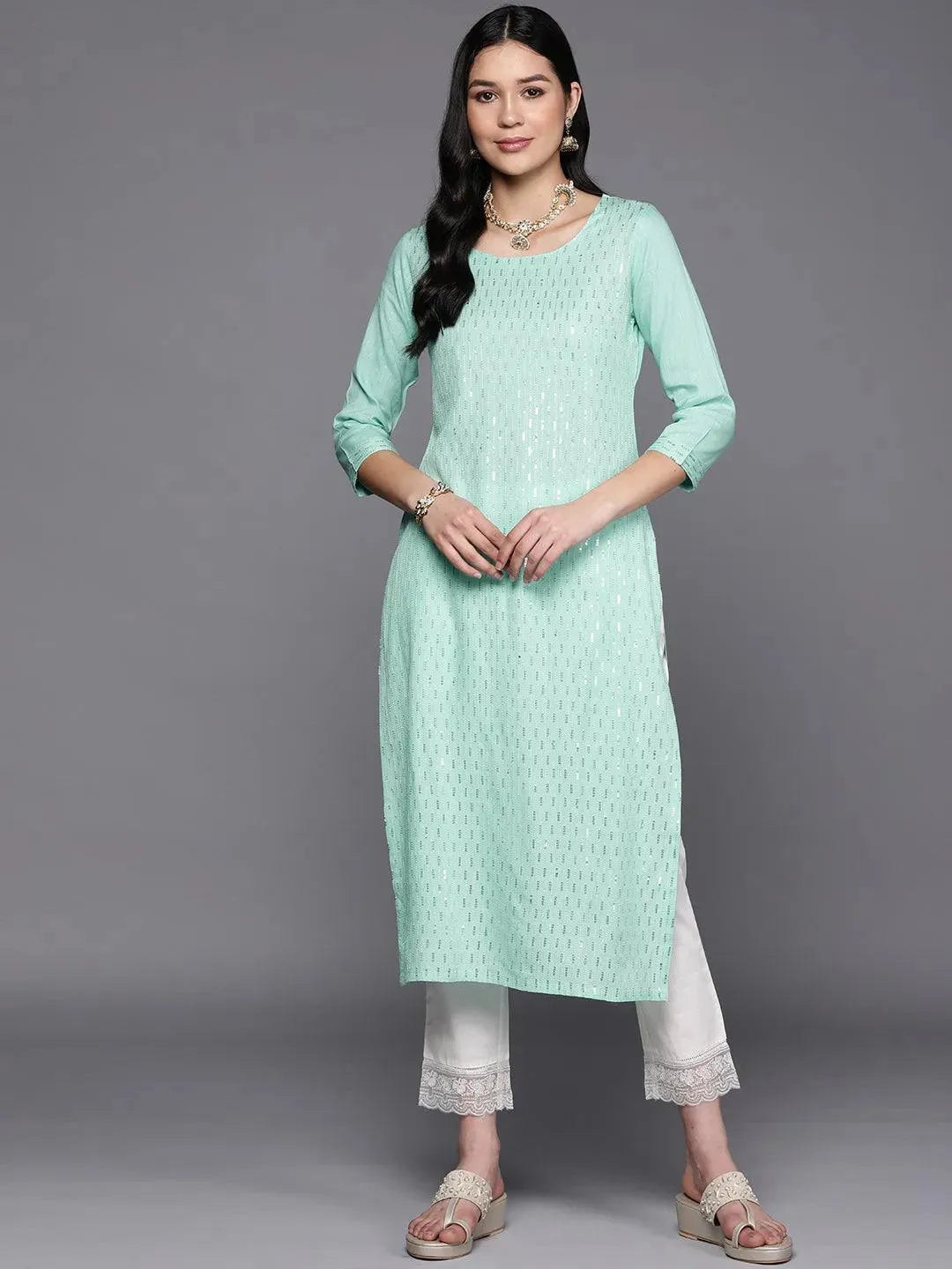 Sea Green Embroidered Rayon Straight Kurta - Libas