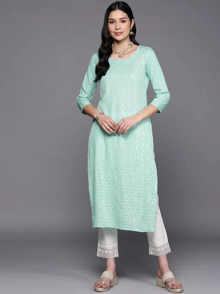 Sea Green Embroidered Rayon Straight Kurta - Libas