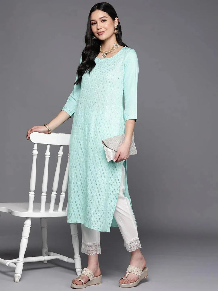 Sea Green Embroidered Rayon Straight Kurta - Libas