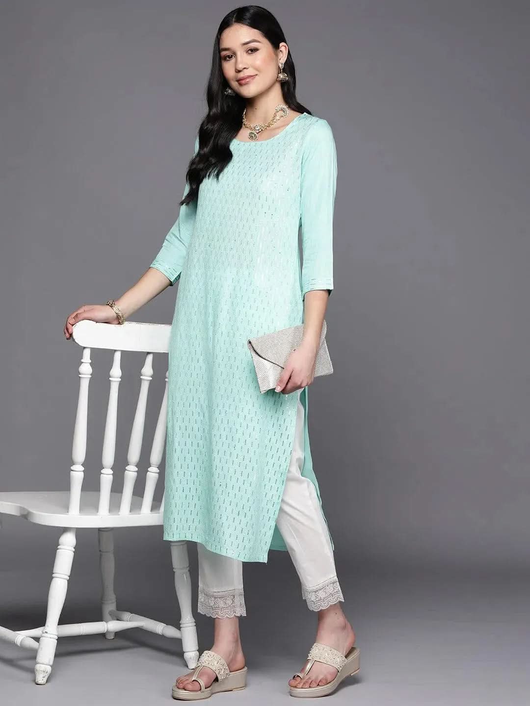 

Sea Green Embroidered Rayon Straight Kurta