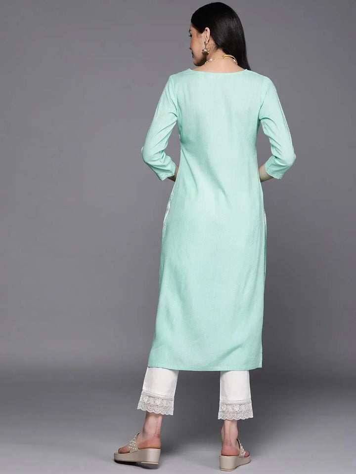 Sea Green Embroidered Rayon Straight Kurta - Libas