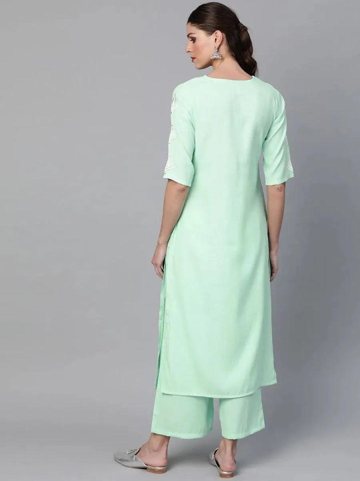 Sea Green Embroidered Rayon Kurta Set - Libas