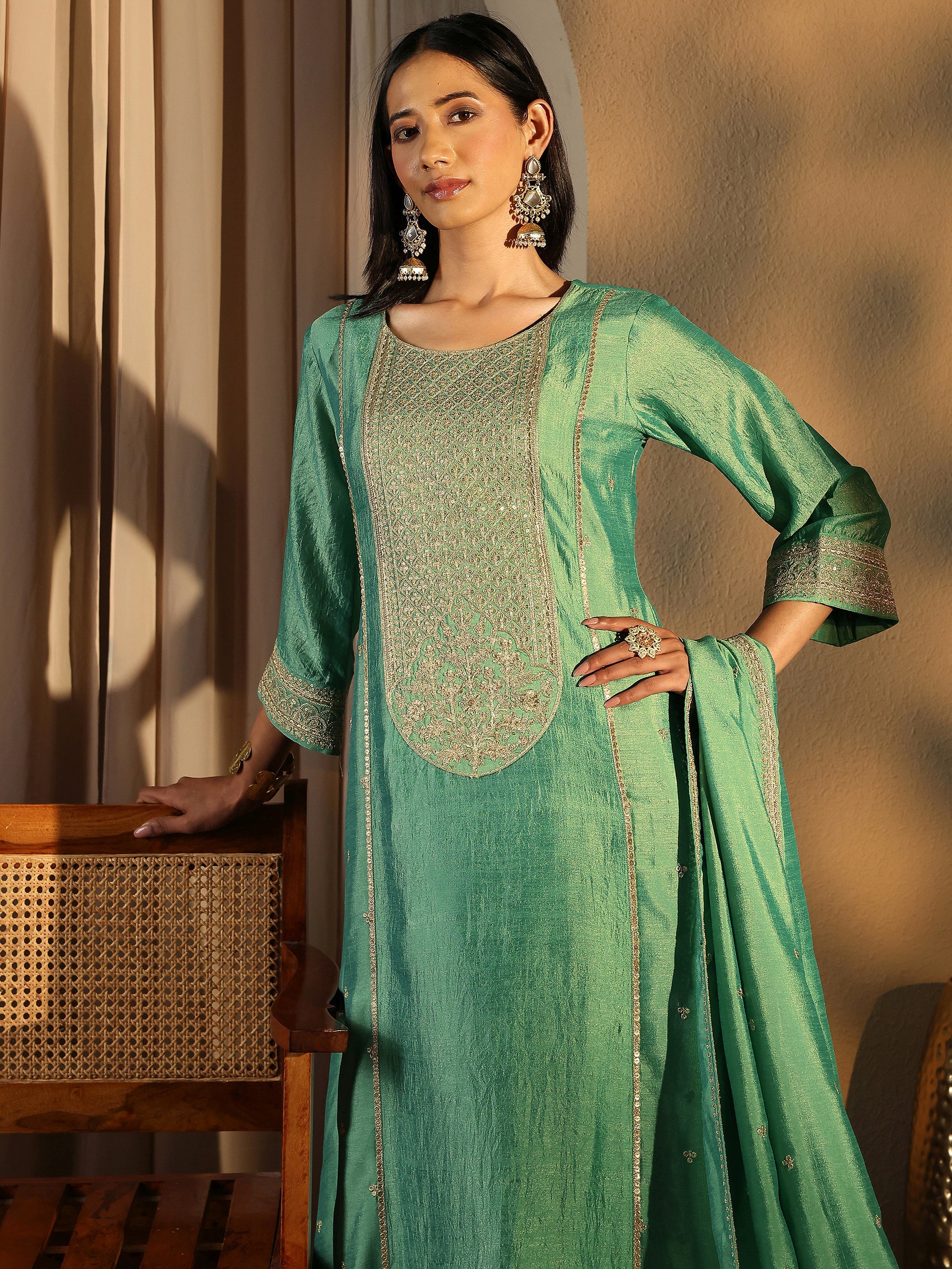 Sea Green Embroidered Silk Blend Straight Suit Set With Dupatta-image-39
