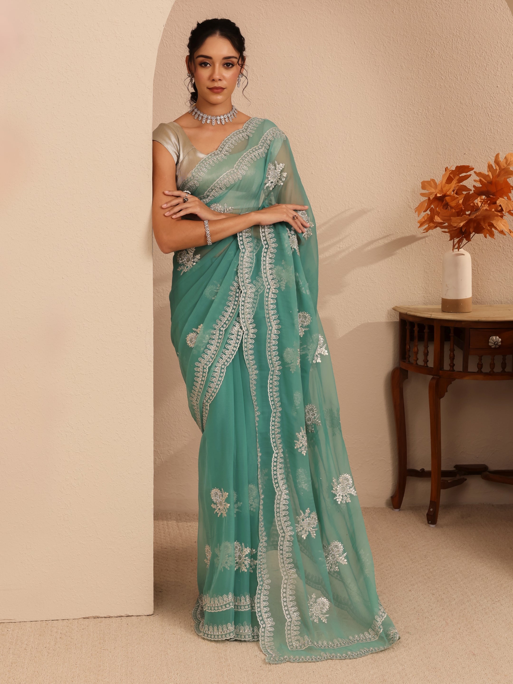 Sea Green Floral Embellished Chiffon Saree-image-46