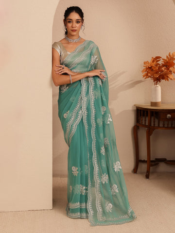 Sea Green Floral Embellished Chiffon Saree