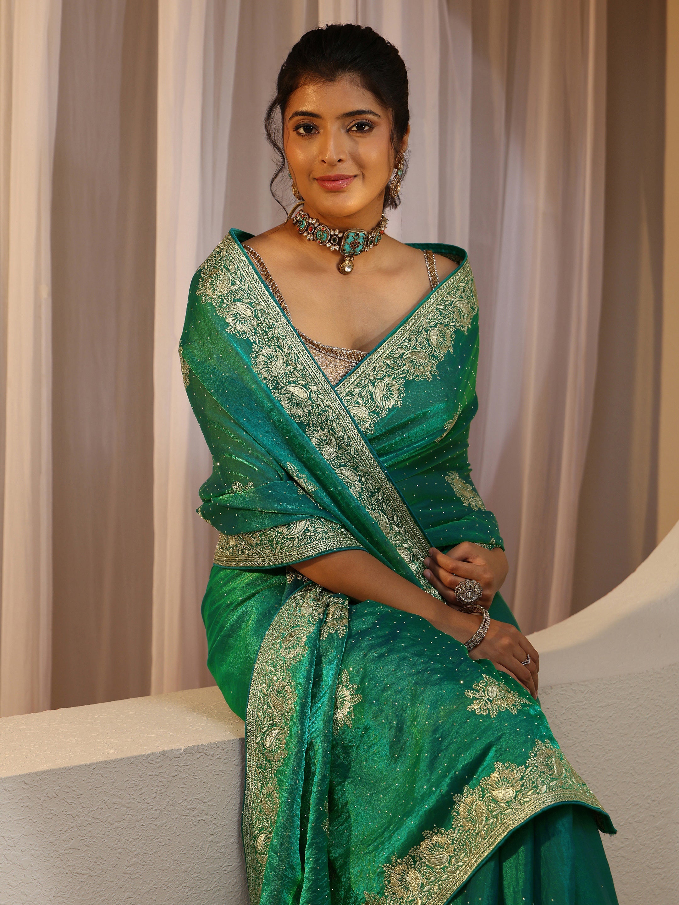 libas Sea Green Floral Embroidered Tissue Saree-picture-50