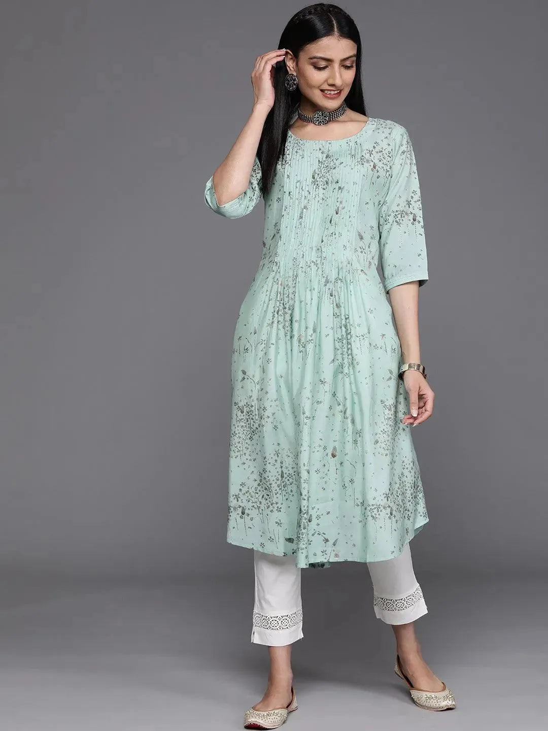 Sea Green Printed Chanderi Silk Kurta - Libas