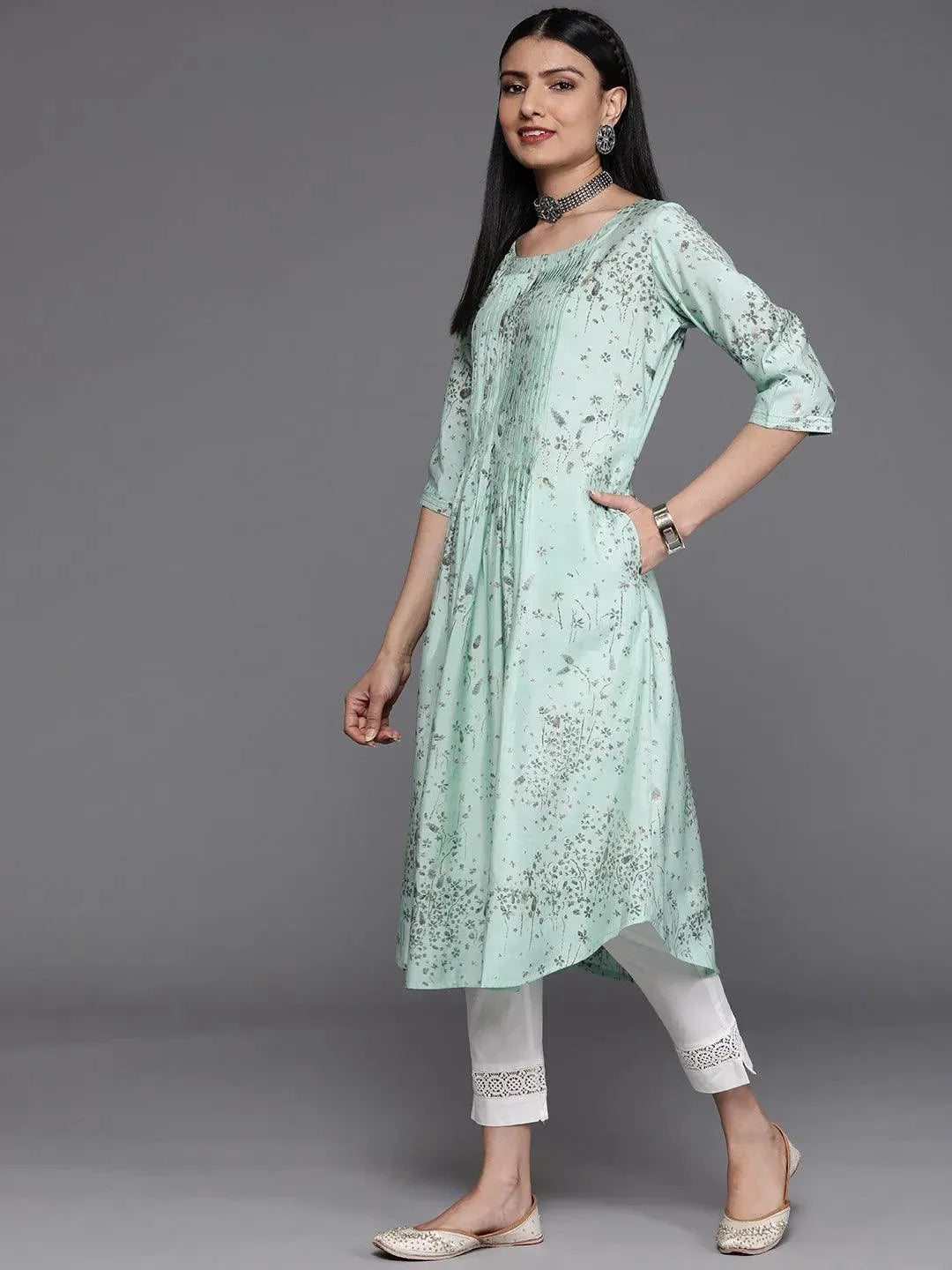 Sea Green Printed Chanderi Silk Kurta - Libas 