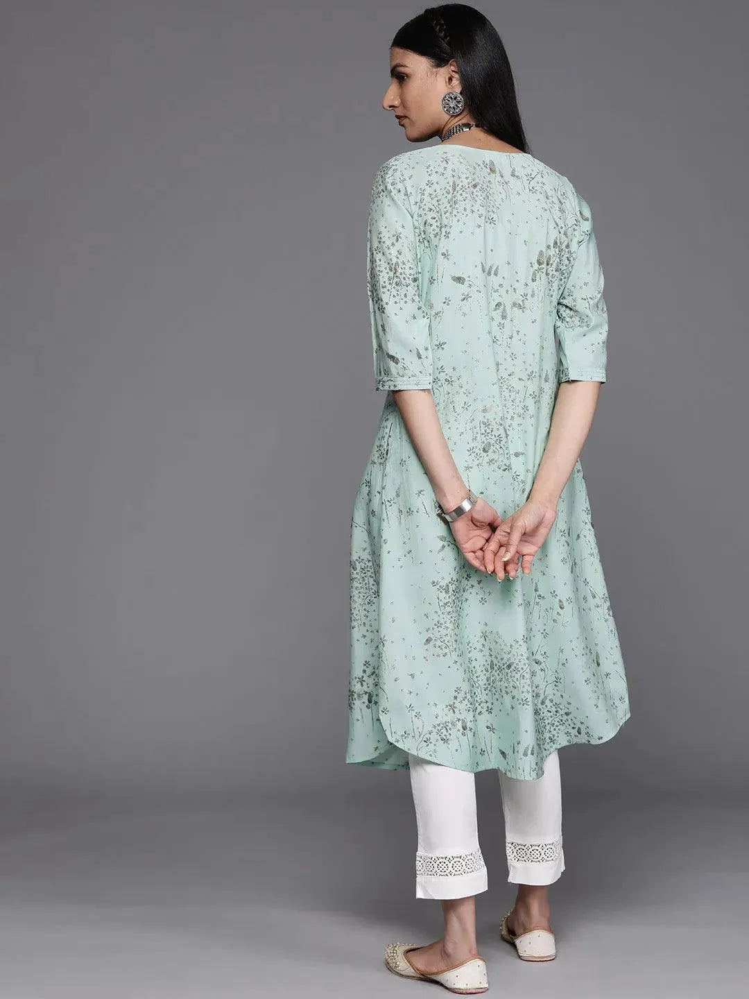 Sea Green Printed Chanderi Silk Kurta - Libas 