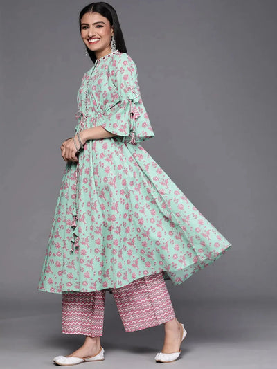 Sea Green Printed Cotton Suit Set - Libas