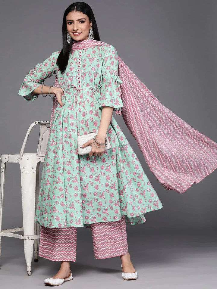 Sea Green Printed Cotton Suit Set - Libas