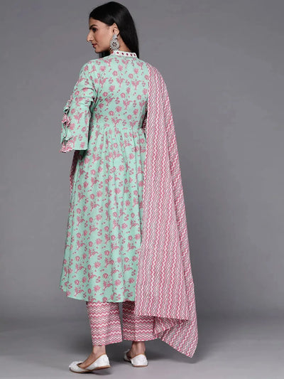 Sea Green Printed Cotton Suit Set - Libas