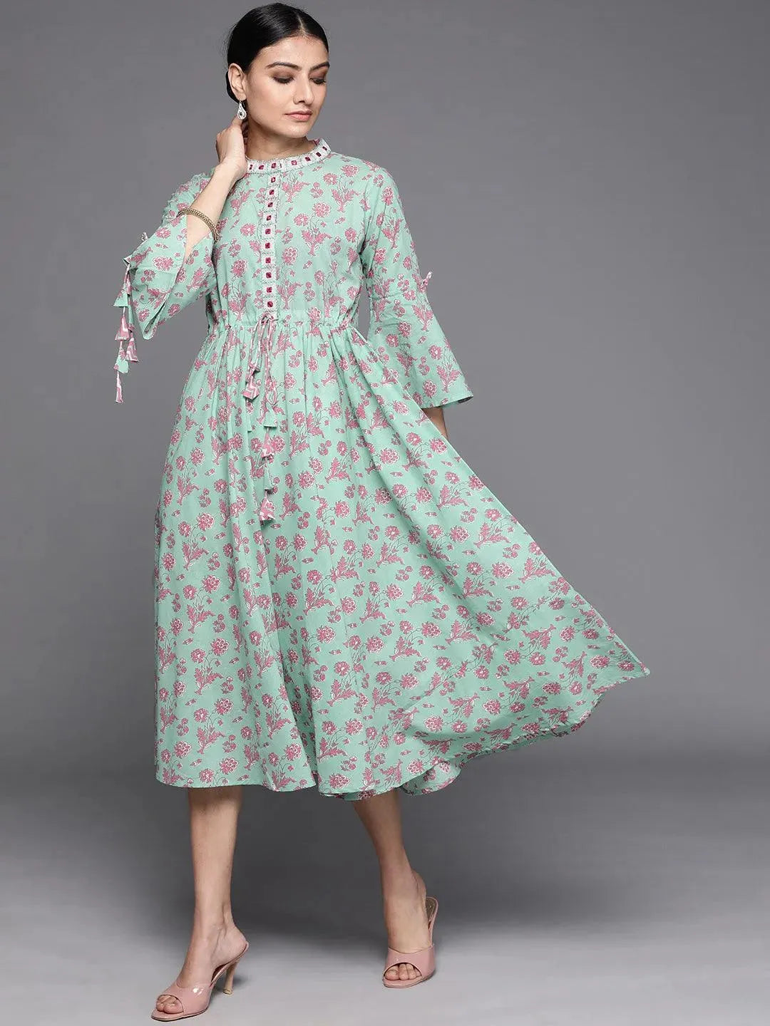 Sea Green Printed Cotton Dress - Libas