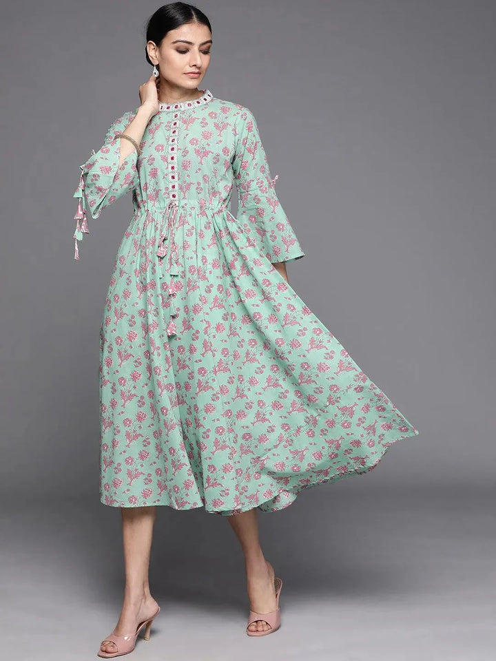 Sea Green Printed Cotton Dress - Libas