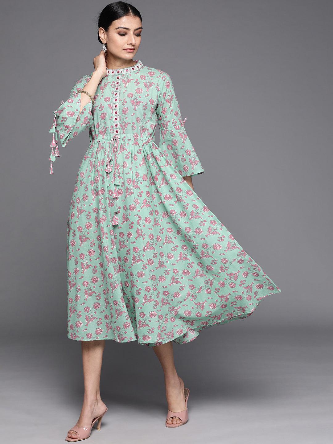Sea Green Printed Cotton Dress - Libas