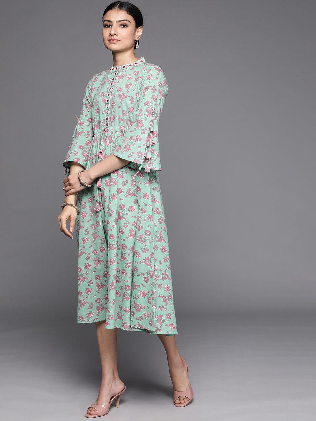Sea Green Printed Cotton Dress - Libas