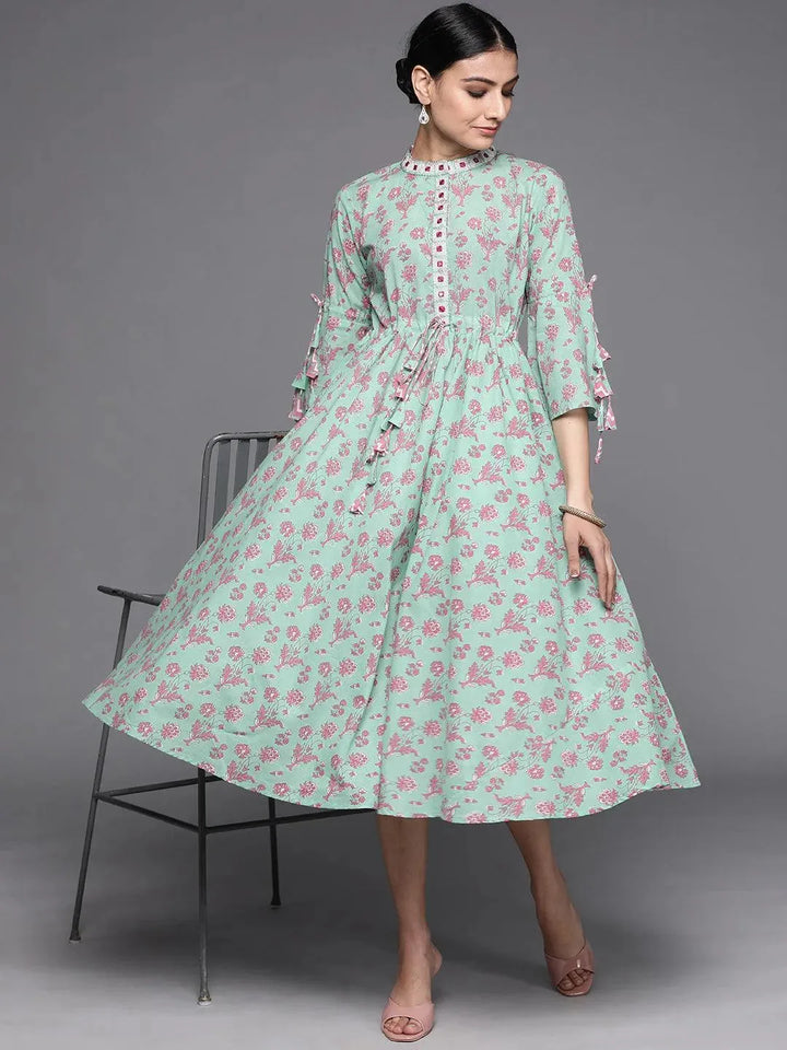 Sea Green Printed Cotton Dress - Libas